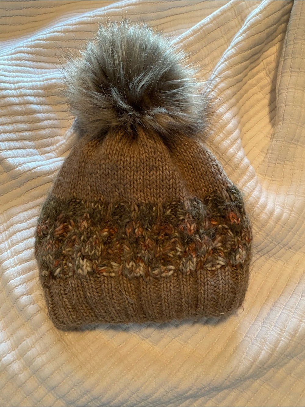 Pom Beanie Hat - Taupe Faux Fur Pom